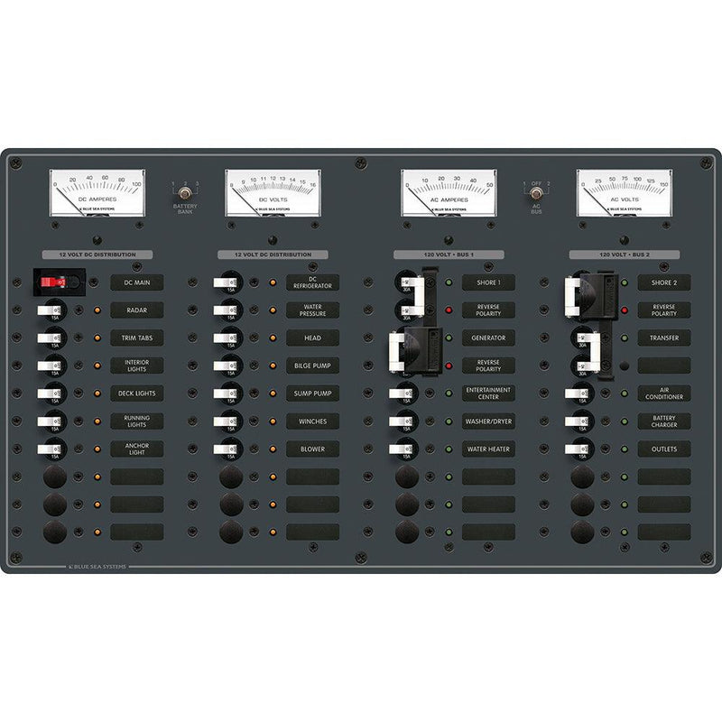 Blue Sea 8086 AC 3 Sources +12 Positions/DC Main +19 Position Toggle Circuit Breaker Panel - White Switches [8086] - Wholesaler Elite LLC