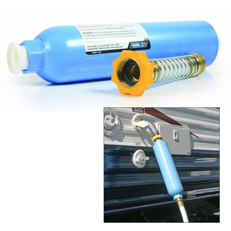 Camco TastePURE KDF/Carbon Water Filter w/Flexible Hose Protector [40043] - Wholesaler Elite LLC