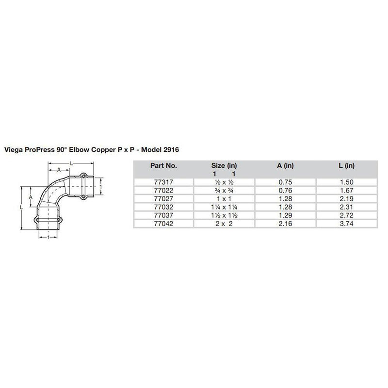 Viega ProPress 1/2" - 90 Copper Elbow - Double Press Connection - Smart Connect Technology [77317] - Wholesaler Elite LLC