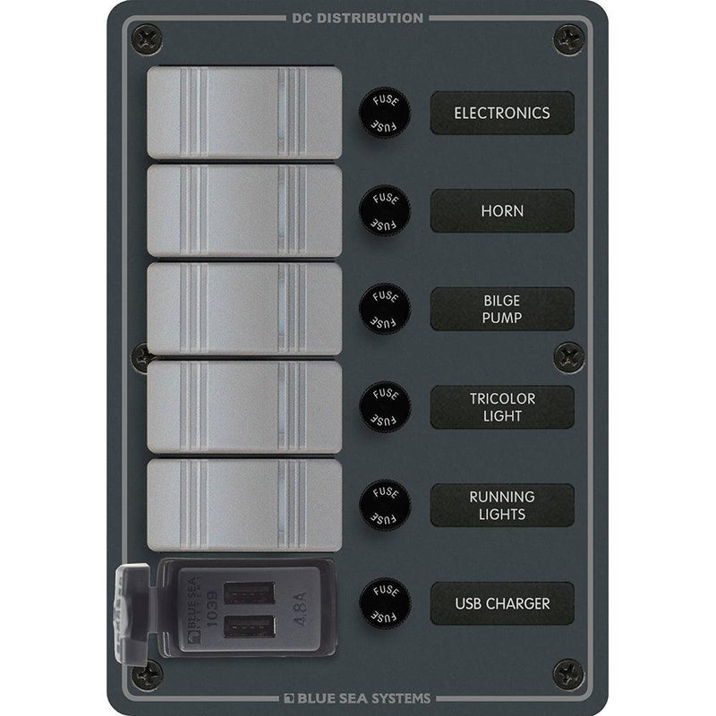 Blue Sea 8121 - 5 Position Contura Switch Panel w/Dual USB Chargers - 12/24V DC - Black [8121] - Wholesaler Elite LLC