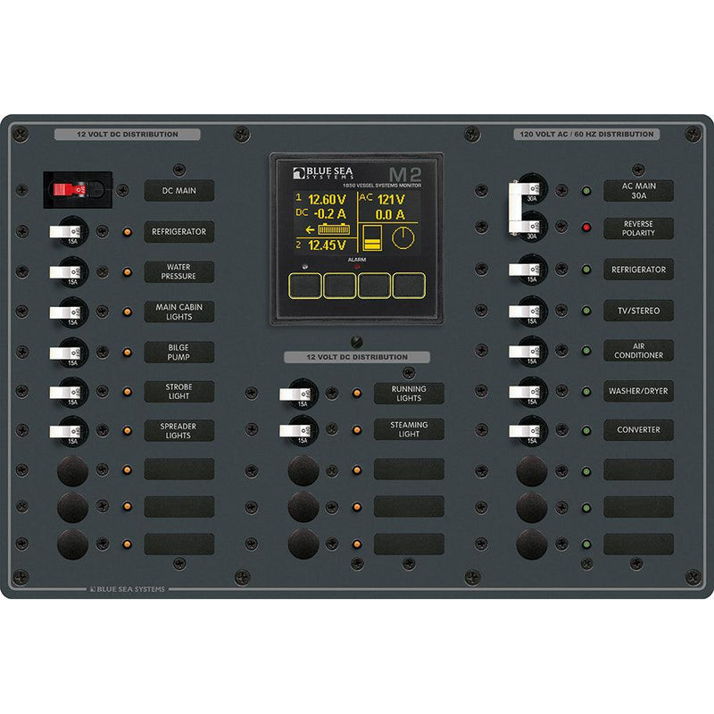 Blue Sea 8413 - Metal AC/DC Panel w/M2 Vessel Systems Monitor 22 Circuit Breakers (15A) [8413] - Wholesaler Elite LLC