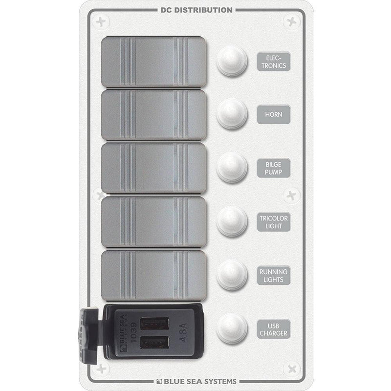 Blue Sea 8421 - 5 Position Contura Switch Panel w/Dual USB Chargers - 12/24V DC - White [8421] - Wholesaler Elite LLC