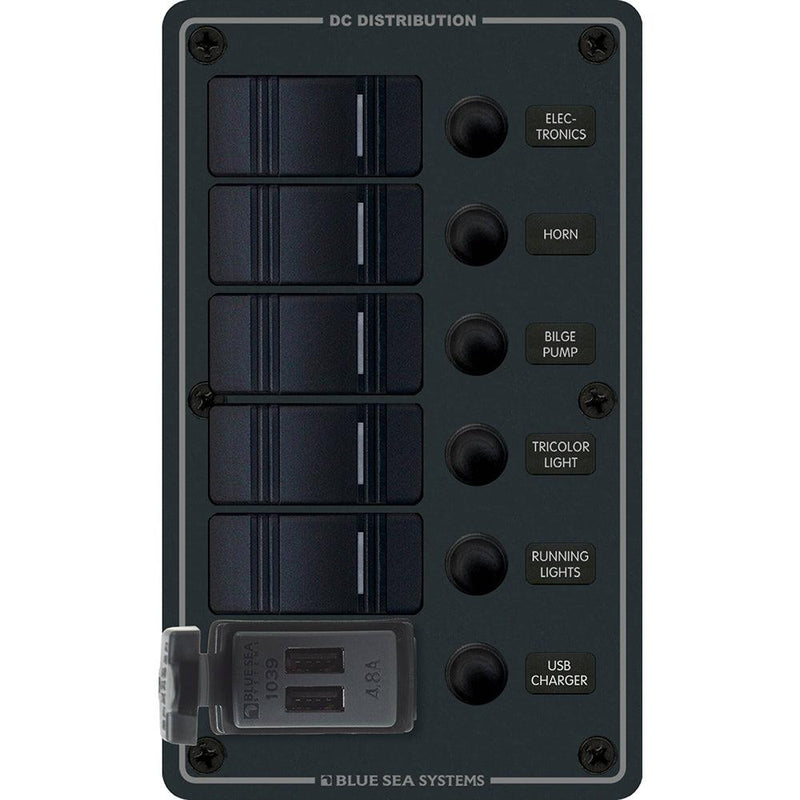 Blue Sea 8521 - 5 Position Contura Switch Panel w/Dual USB Chargers - 12/24V DC - Black [8521] - Wholesaler Elite LLC