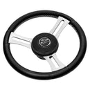 Schmitt Marine Torcello Elite 14" Wheel - Black Leather Cap - White Stitching - Polished SS Spokes - 3/4" Tapered Shaft [PU085241] - Wholesaler Elite LLC