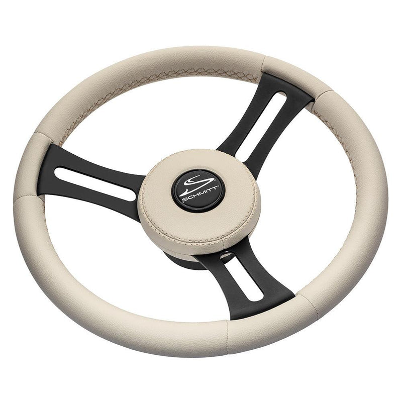 Schmitt Marine Torcello Elite 14" Wheel - Beige Leather Cap - White Stitching - Black SS Spokes - 3/4" Tapered Shaft [PU081B11] - Wholesaler Elite LLC